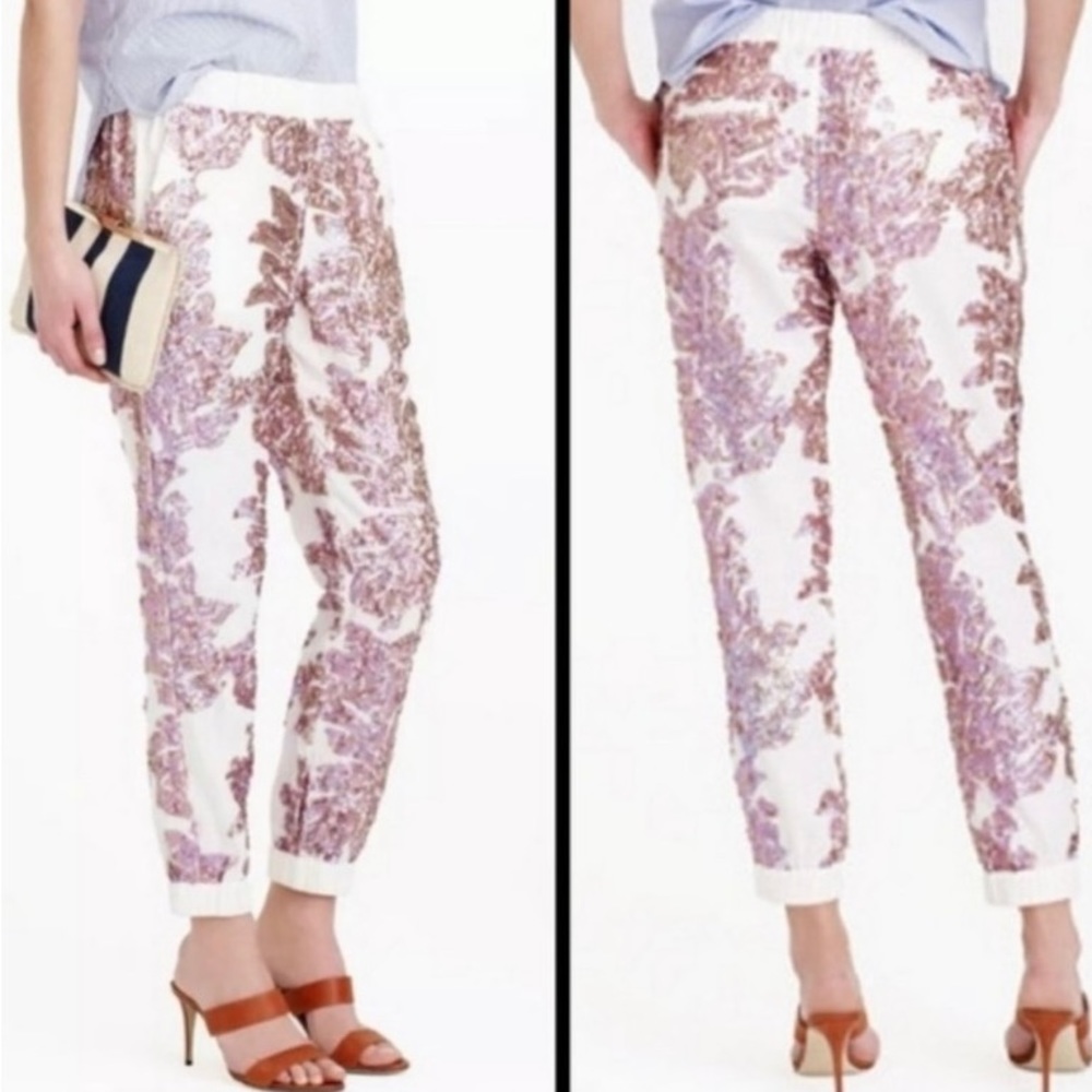 J. Crew White Pants with Pink Floral Print